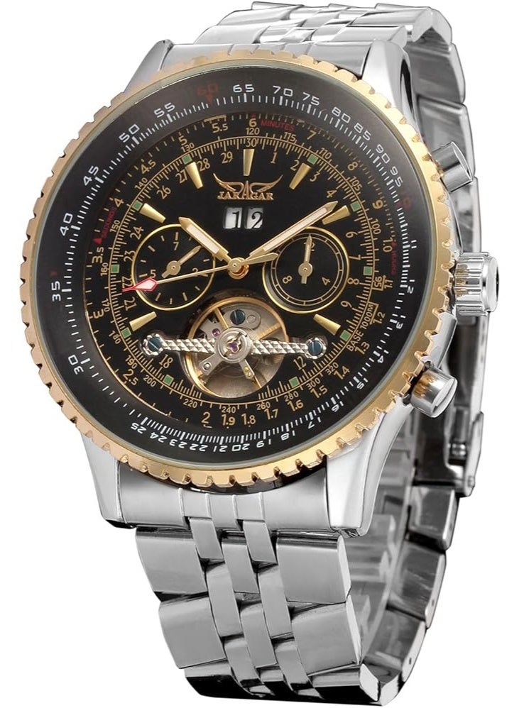JARAGAR Men's Self Winding Waterproof Automatic Stainless Steel Skeleton Tourbillon Calendar Wrist Watch - Image 1